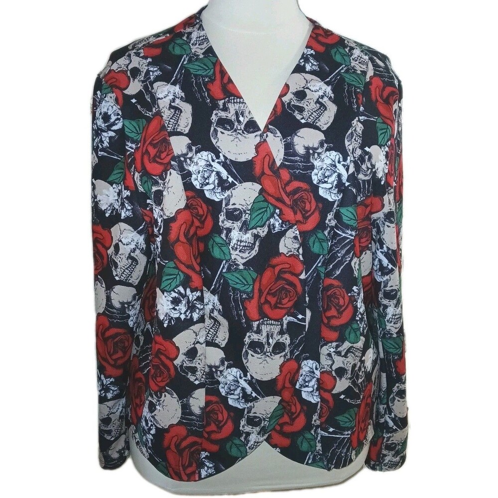 SHEIN Women 28/30 Goth Gothic Skull & Roses Print Halloween Blazer Jacket Black